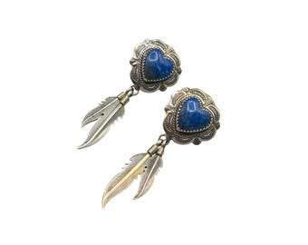 QT Sterling Silver Lapis Lazuli Earrings Heart Dangling Feathers 925 Post Stud Dangles Drops