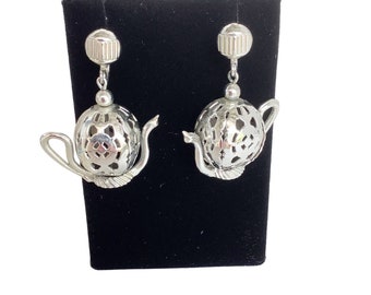 Unusual Fun Silver Tone Teapot Earrings Silver Tone Color Screw Back Dangles