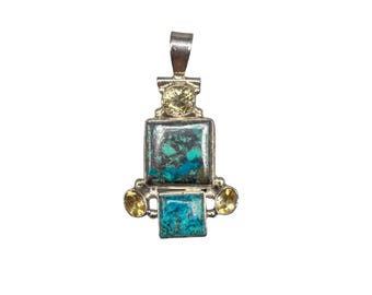 Sterling Silver 925 Turquoise Pendant Square Geometric Yellow Glass Stones