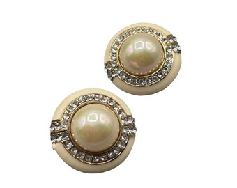 Vintage Clip On Pearls Earrings Round Domed Enameled Classic Costume Jewelry