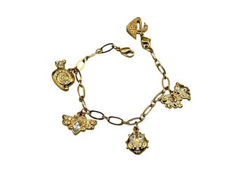 Swarovski Signed Charm Bracelet 7 Inch Snail Butterfly Bee Lady Bug Swan Charms