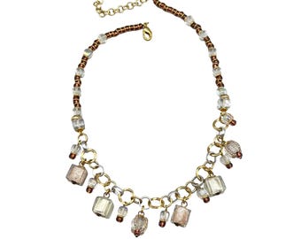 Handcrafted Art Glass Beaded Necklace with Gold & Silver Tone Chain Accents