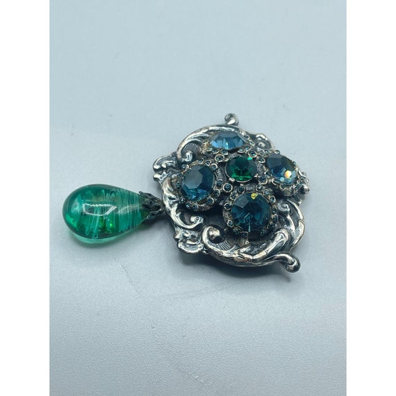 Vintage Jeweled Brooch Faux "Flawed" Emerald Drop… - image 5