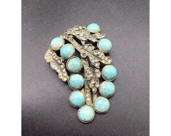 Antique Dress Clip Robin Egg Blue Cabochon Rhinestones Pot Metal Vintage Jewelry