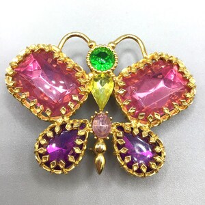 Colorful Butterfly Brooch Gold Tone Pastel Acrylic Stones 80s 90s Glamorous Pin