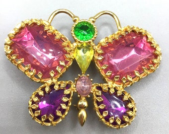 Colorful Butterfly Brooch Gold Tone Pastel Acrylic Stones 80s 90s Glamorous Pin