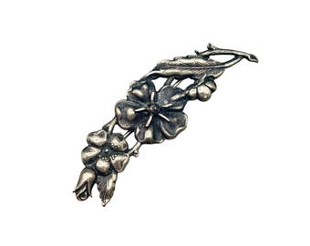 Vintage Flowers Pin Brooch Detailed Botanical Flower Vine Motif With Blossoms