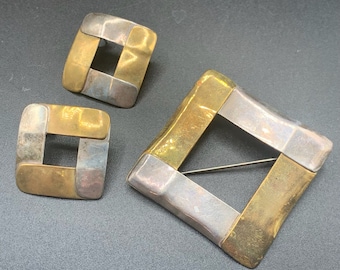LOUIS BOOTH Brooch  Earrings Pierced Mix Metals In A Sterling  Brass Jewelry Set
