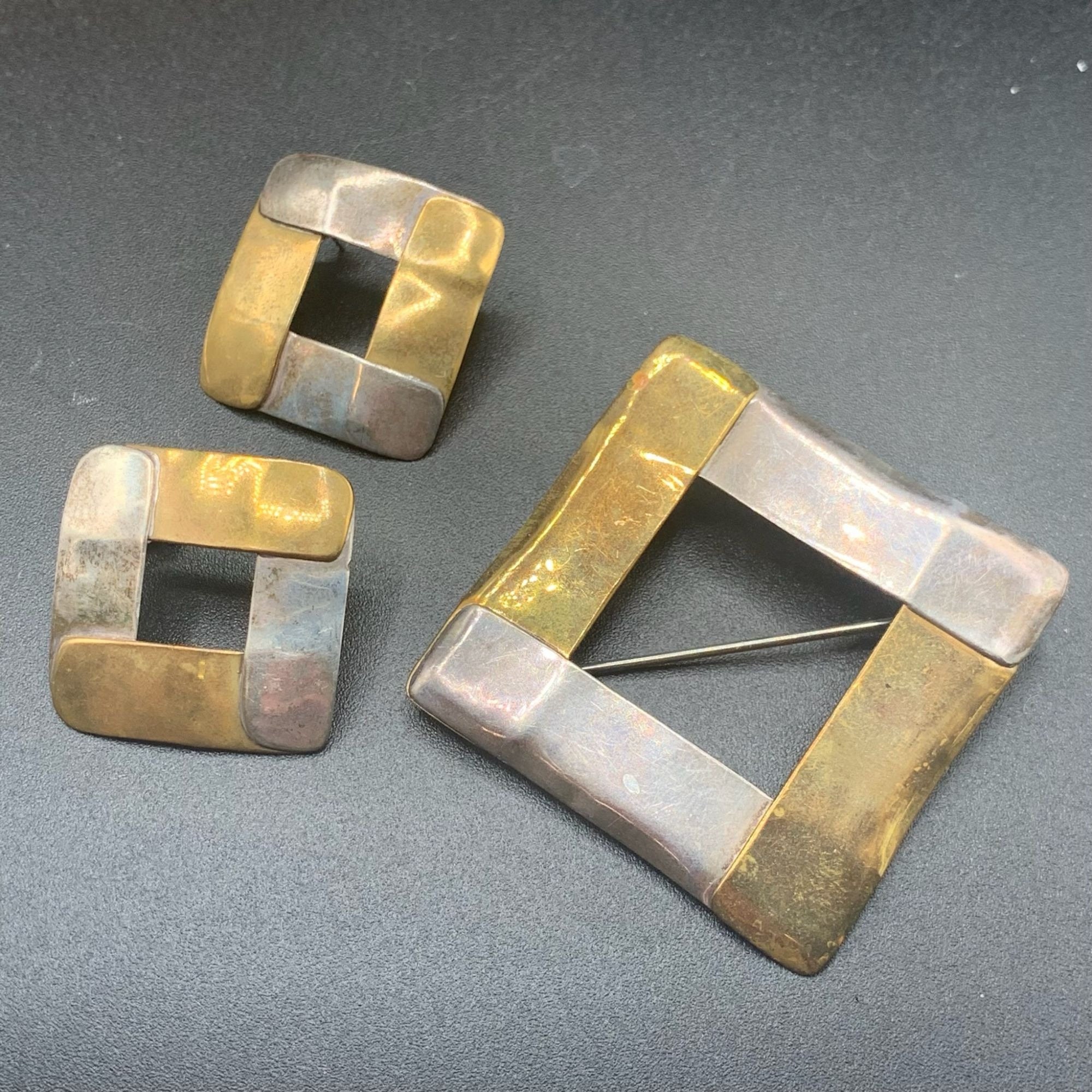 Vintage Large LOUIS BOOTH Sterling Silver Brass Pierced Earrings Modernist