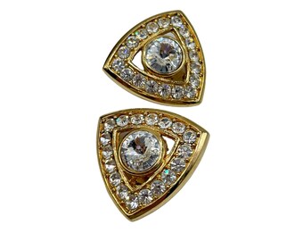 Vintage Gold Tone & Clear Rivoli Rhinestones Earrings Clip On Triangle Shaped