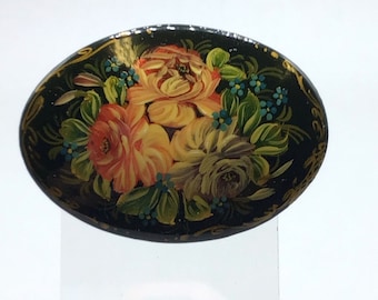Vintage Floral Hand Painted Brooch Black Lacquer Russian Oval Artist Signed Pin