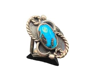Native American Turquoise Ring Sterling Silver Elongated Oval Crafted Stone Sz 7