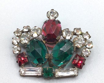 Vintage Crown Brooch Red Green Glass Stones Older Antique Royal Collectible Pin