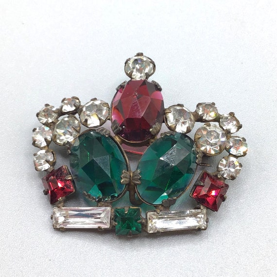 Vintage Crown Brooch Red Green Glass Stones Older… - image 1