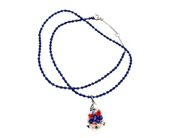Petite Blue Floral Cameo Style Necklace Sterling Silver Setting Red And Blue