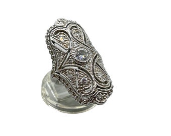 Art Deco Inspired Long Ring Size 7 Silver Tone Reproduction Ring Vintage Style