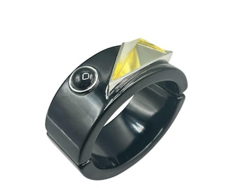 Geometric Hinged Bangle Bracelet Black Plastic With Lucite Accent Wide Bracelet