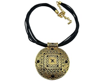 Signed Joan Rivers Medallion Necklace Black Multi Cord Oversized Gold & Black