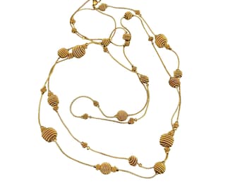 Long Gold Tone Necklace Wire Wrapped Beads Spaced Station Necklace Long Chain