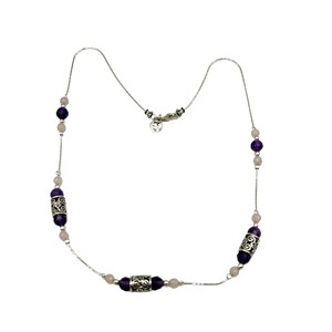 Amethyst & Rosa Quarz Sterling Silber Station Halskette signiert PZ Israel 925