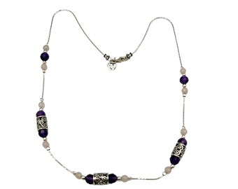 Amethyst & Pink Quartz Sterling Silver Station Necklace Signed PZ Israel 925