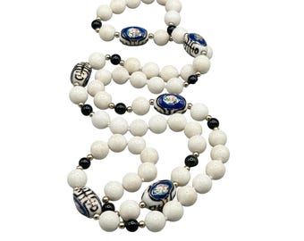 Vintage Oriental Beaded Necklace Hand Knotted White Stone and Hand Painted Beads