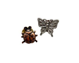 JJ Bugs Tack Pins Ladybug And Butterfly Small Insect Pins Vintage Costume Jewelry