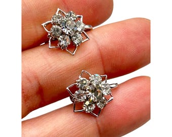 Vintage Darius Screw Back Earrings with Rhinestone Flower Design Bridal Jewelry