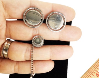 Silver Tone Cuff Link Tie Tack Set Shiny Classic Elegant Vintage Man Accessory