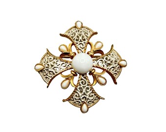 Vtg Signed Trifari Maltese Cross Pin Brooch White Enamel White Stones Filigree