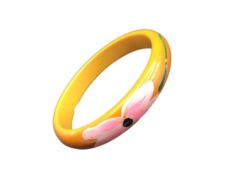Vintage Hand Painted Bakelite Bangle Pink Flower Butterscotch Plastic Bracelet