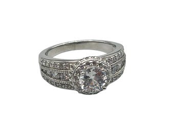 Sterling Silver CZ Engagement Ring Size 9 Double Halo Ring