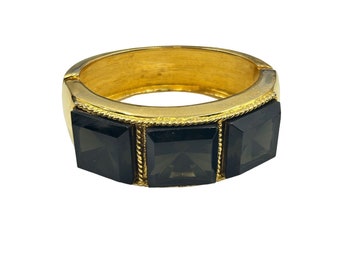 Vintage KJL Hinged Bangle Bracelet Chunky Gold Tone & Brown Topaz Glass Stones