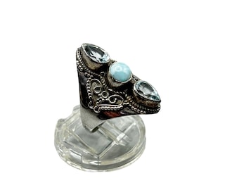 Ethnic Design Larimar & Blue Topaz Ring Sterling Silver 925 Setting Size 8 Ring