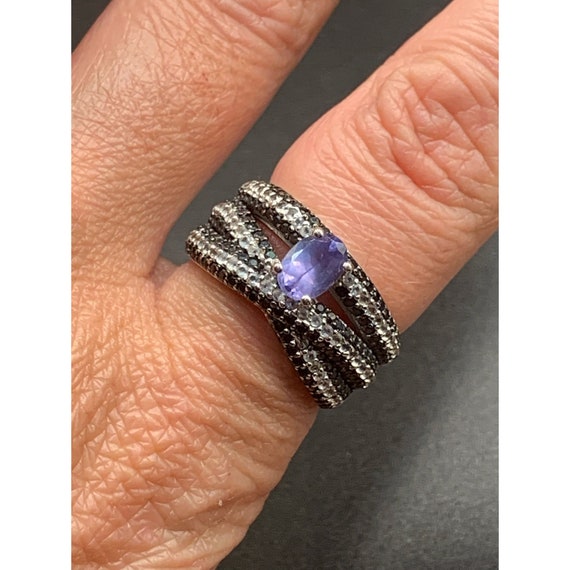 Black Spinel Amethyst and white topaz ring in ste… - image 1