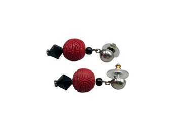 Vintage Cinnabar Earrings Red & Black Dangles Sterling Silver Pierced Earrings