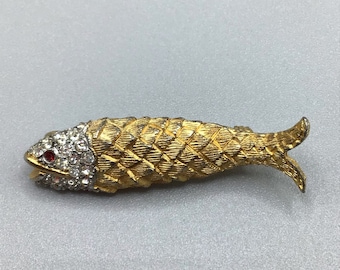 Vintage Fish Brooch Gold Tone Rhinestones Retro Animal Figural Costume Jewelry
