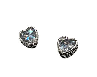 Heart Crystal Stud Earrings With Intricate Detailing In Silver Tone
