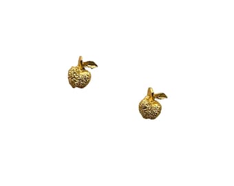 Vintage Gold Tone Apple Stud Earrings Pierced Textured Design Fruit Jewelry