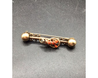 Victorian Bar Pin Brooch with Orange Branch Coral Gold Filled Knot Pin ALTERED