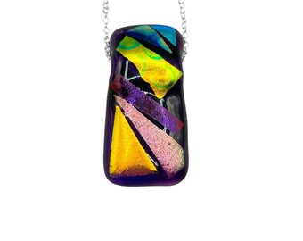 Art Glass Necklace Dichroic Glass Iridescent Purple Rectangle Artist Signed