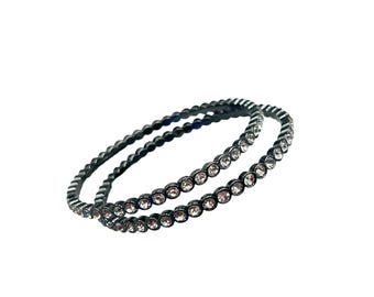 GRAZIANO Set Of 2 Clear Crystals Bangle Bracelets SIlver Tone Gunmetal Color