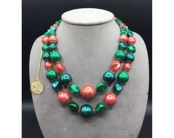 Retro Beaded Necklace Green & Red Beads Coro Signed Christmas Holiday Necklace