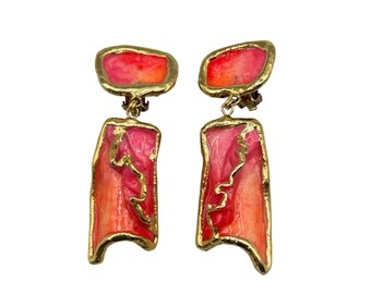 Vintage AMY LACOMBE Sculptural Earrings Wearable Art Clip On Dangles Pink Orange