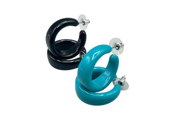 Vintage 70s Plastic Hoops Earrings Black And Turquoise Color 2 Pairs Pierced and Lightweight