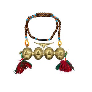 Vintage African Tribal Necklace with Brass Face Pendants & Beaded Strand