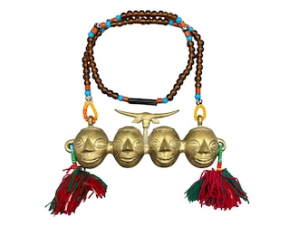 Vintage African Tribal Necklace with Brass Face Pendants & Beaded Strand