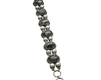 Grey Jasper & Pearls Bracelet Sterling Silver 925 Semi Rigid Long Toggle Clasp