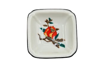 Himetani-Fu Iroe Japanese Miniature Square Plate Fine Porcelain 2" Flower Design Japan 1982