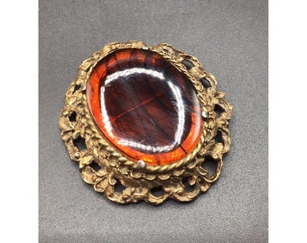Vintage Glass Brooch Topaz Color Glass & Gold Tone Filigree Frame Large Size